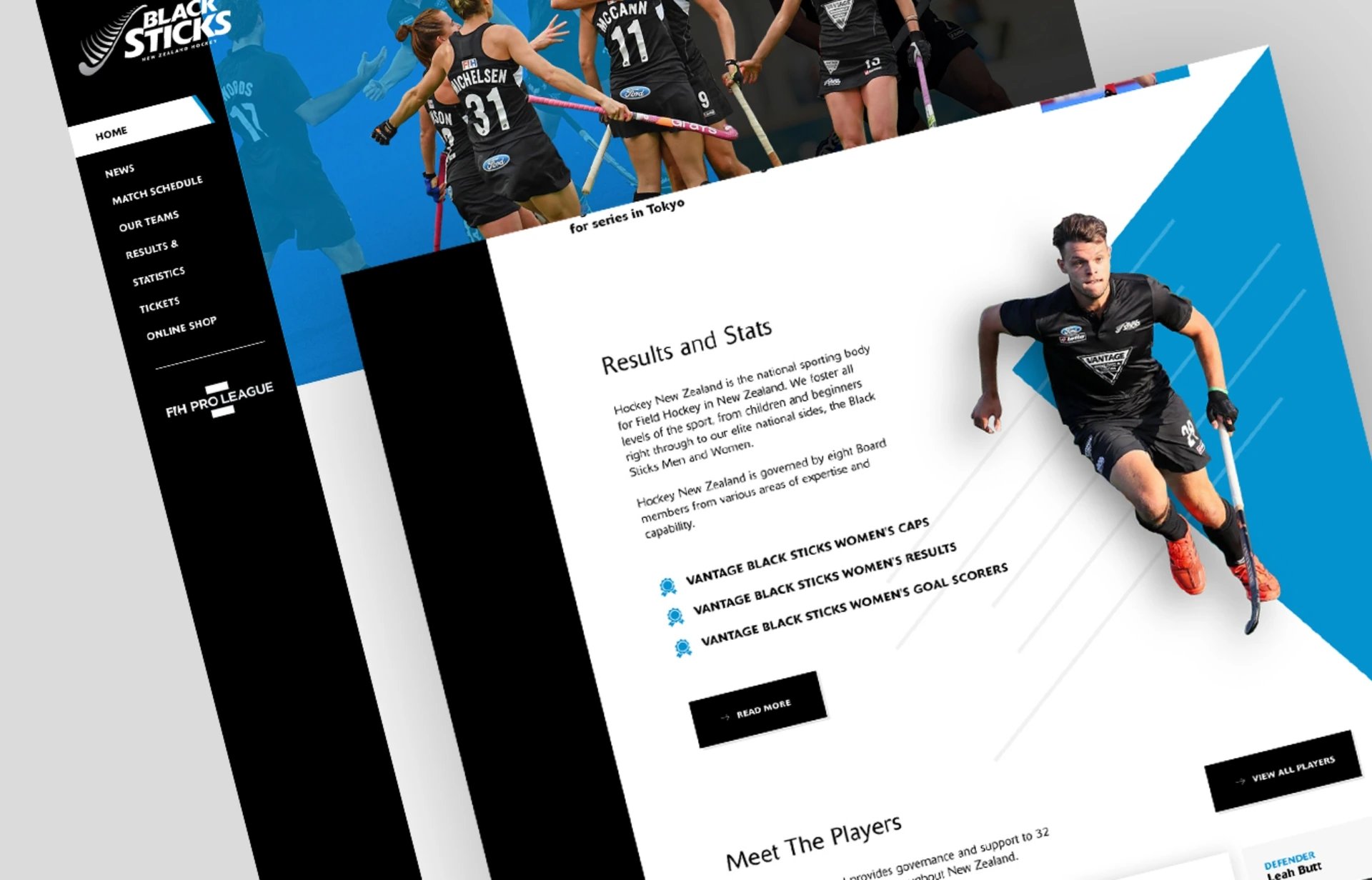 Dizajn web stranice Black Sticks s prikazom rezultata i profila igrača